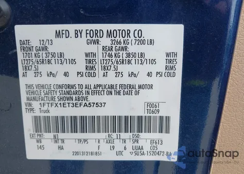 2014 Ford F-150 Lariat z USA, uszkodzony, nr VIN 1FTFX1ET3EFA57537